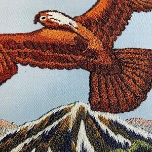 Vintage Needlepoint Crewel Bald Eagle Mountain Landscape Art 16x12 Patriotic